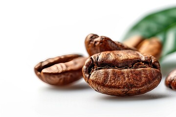 Close-up of roasted coffee beans on white background with green leaf accent

