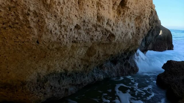 Ocean waves crash against a sandy beach, viewed from inside a coastal cave formation with textured rock overhead.
