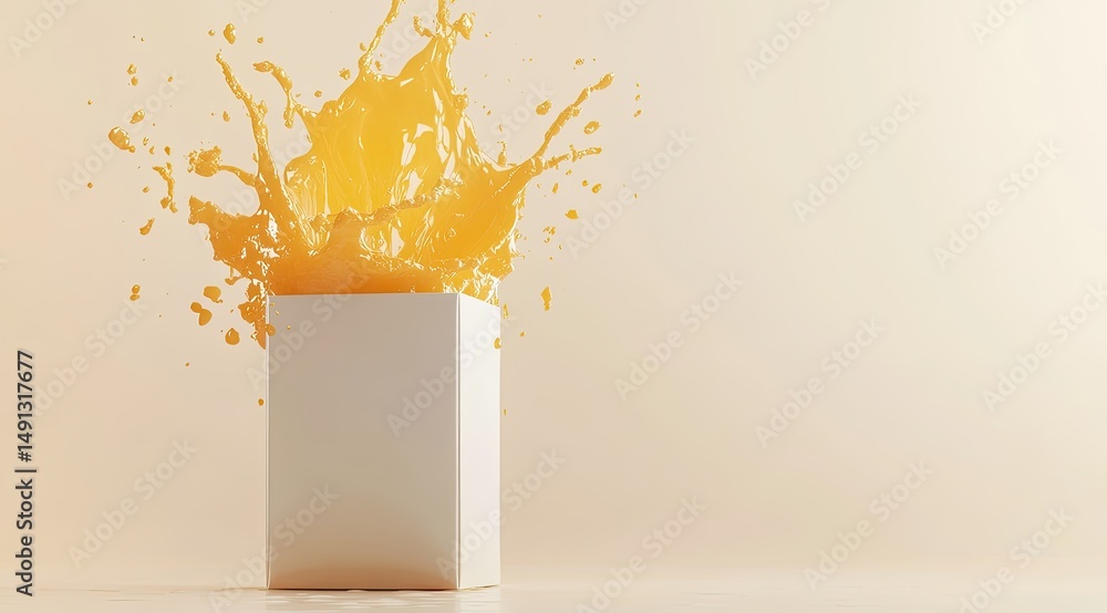 Poster a vibrant orange liquid explodes from a simple white cubic box against a muted beige backdrop, creat