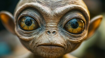 Close-up of a detailed alien figurine with expressive eyes and textured skin.