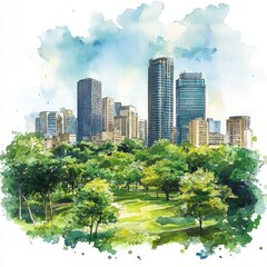 Fototapeta premium Lush Green Park and Modern Cityscape Watercolor Painting