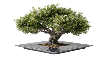Fototapeta premium Bonsai Tree with Solar Panel Base Sustainable Energy Concept