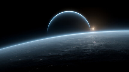 A glowing ring of cosmic dust around a rotating blue planet