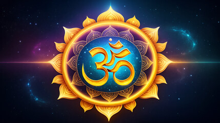 Mystical Hindu Om Symbol . Hindu Spirituality Om Symbol ,Divine Om Energy ,cosmic energy, mystical flames ,ethereal light ,enlightenment , celestial energies ,