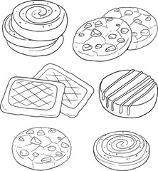 Set of six outline illustrations featuring various types of cookies and biscuits with different textures and toppings. Vector collection for bakery and snack themes.