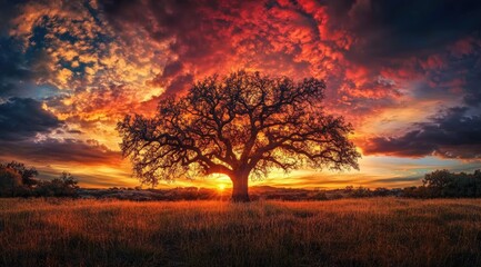 Fiery sunset illuminates solitary tree in field (1)