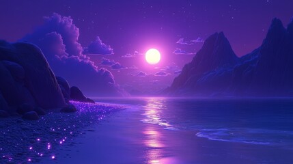 Purple moonlit beach scene with mountains.