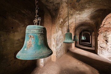 Obraz premium Ancient bells hang in a subterranean passageway