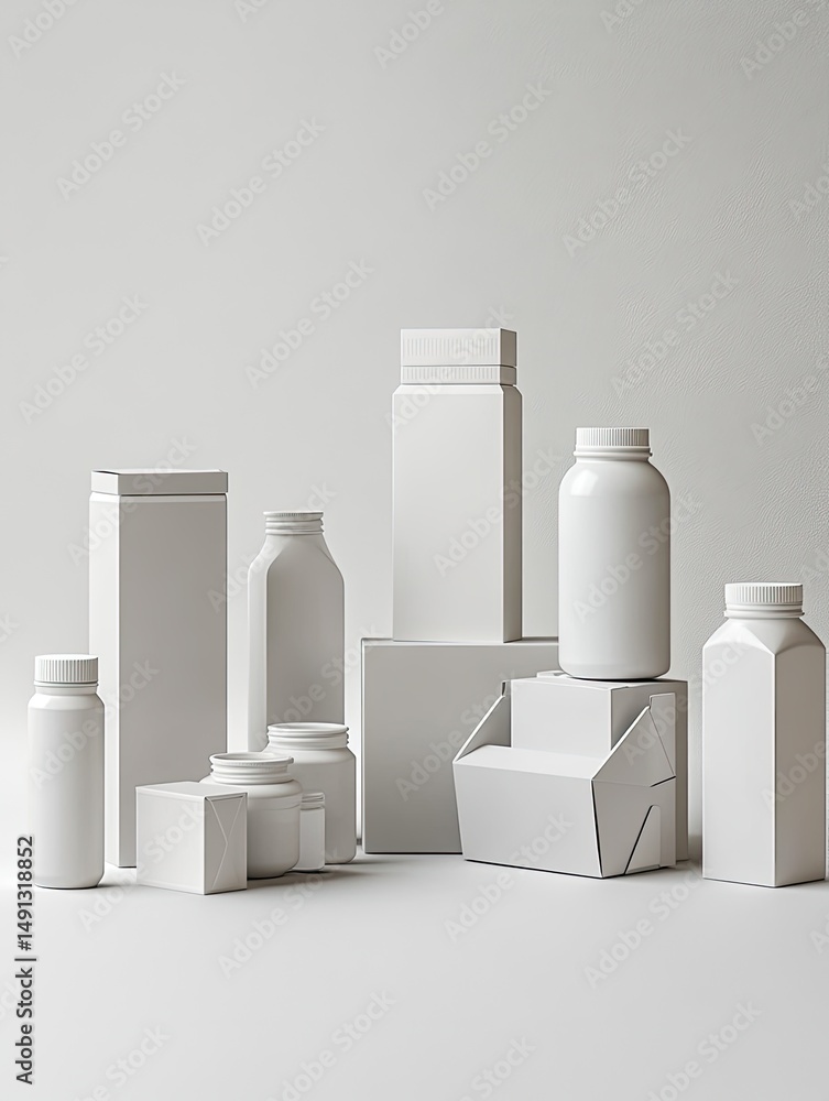 Poster a minimalist still life of various blank white containers and boxes of different shapes and sizes, a
