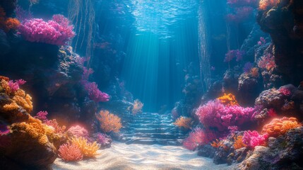 Obraz premium Underwater coral reef pathway bathed in sunlight.