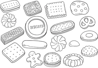 Assortment of various outline illustrations of biscuits and cookies in different shapes, sizes, and designs, including a biscuit tin. Vector collection for bakery and snack concepts.