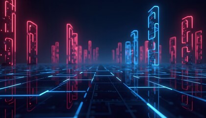 a futuristic city with neon lights and a dark background