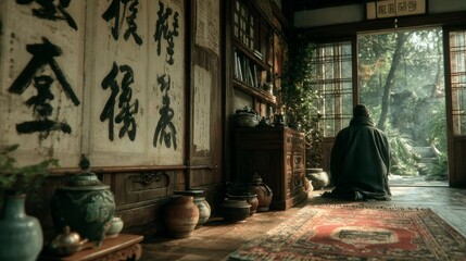 Tranquil Meditation Scene in a Traditional Room with Calligraphy and Antique Decorations