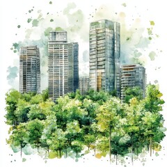 Modern Cityscape Watercolor Painting High Rise Buildings and Lush Greenery