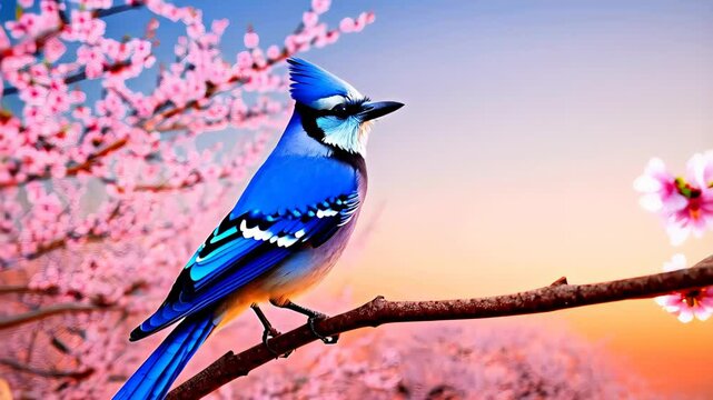 Blue jay bird with iridescent feathers perched on a blooming cherry branch at sunrise, captured in close-up with soft pastel sky and blurred floral background. Concept of vibrant nature awakening