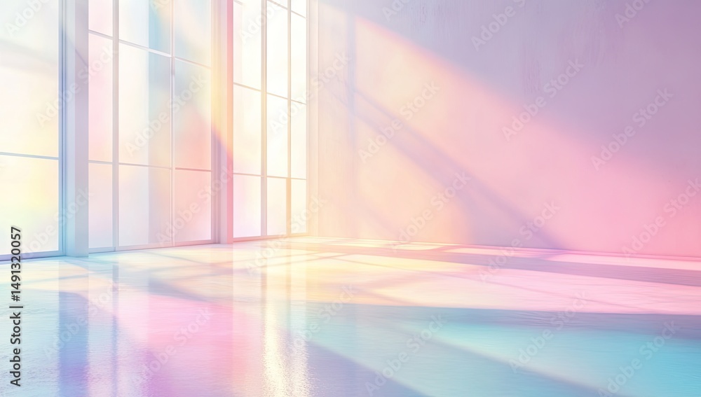 Aufkleber pastel sunbeams stream through a large window, illuminating a minimalist room with a reflective floo