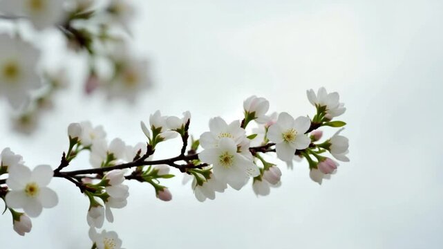 Tree branch with white spring blossoms captured under cloudy sky