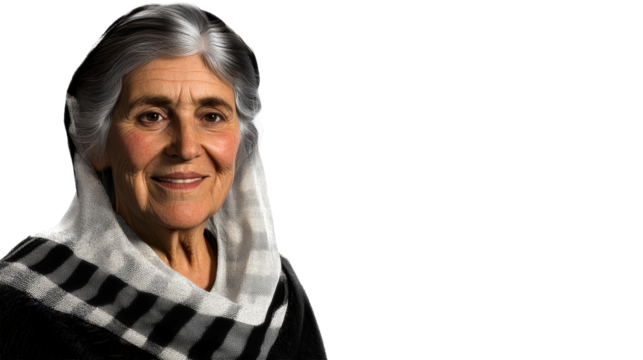 Attractive older woman with headscarf smiling, cut out transparent