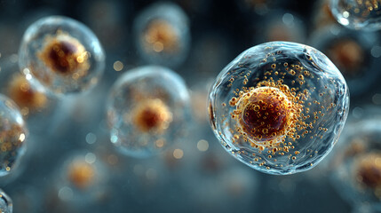 Close-up of exosome particles encapsulated in transparent spheres, symbolizing biotechnology, cosmetology, and trichology. Minimalist bright tone with modern white gold and silver hues, blurred backgr