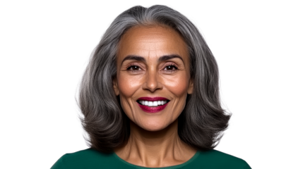 Smiling senior Arab woman portrait with gray hair, cut out transparent