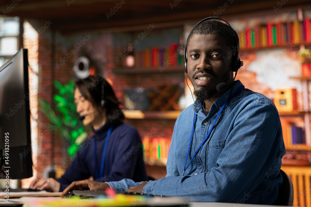 Poster portrait of call center tech engineer using remote access tools to connect to customer devices remot