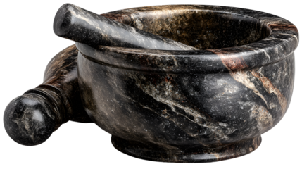 Stone Mortar and Pestle Kitchen Tool Marble Texture Black and Brown Swirls