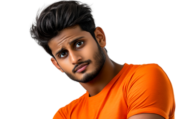 Serious Indian man tilting head, wearing orange shirt, cut out transparent