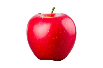 Fresh red apple with stem, droplets, closeup view, cut out transparent