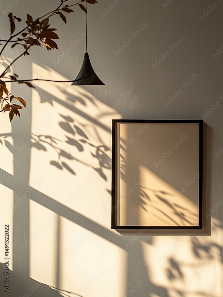 Poster sunlight streams through a window, casting shadows on a wall with a framed beige canvas and a branch