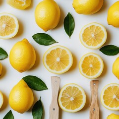 Overhead View of Fresh Lemons and Leaves on White Background
