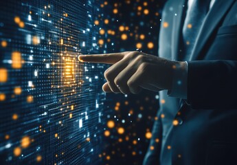 A hand points to a glowing data grid