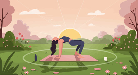 Young woman practicing yoga in green park during sunset