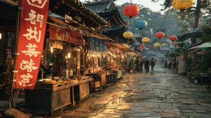 Vibrant Traditional Market Street with Colorful Lanterns and Wooden Stalls