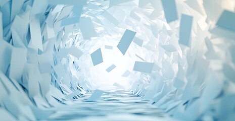 A swirling vortex of pale blue, rectangular shapes forms a tunnel leading to a bright, undefined destination.  The shapes appear to be paper or similar material