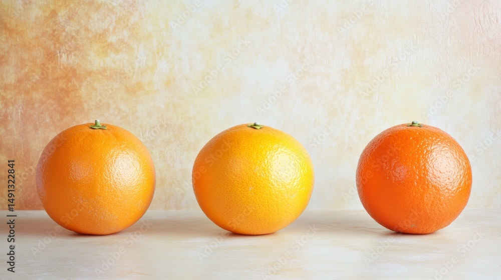 Poster Three ripe oranges in a row against a textured background.