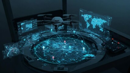 Operating Futuristic Control Panel with Interactive Map and Drone - Powered by Adobe