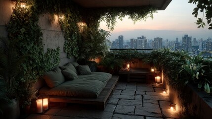 Obraz premium Cozy Rooftop Oasis with Cityscape Views and Lush Greenery for Relaxation and Entertainment
