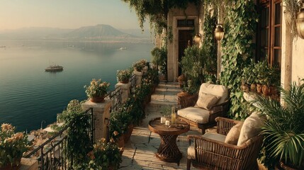 Fototapeta premium Cozy Terrace with Ocean View and Lush Greenery Perfect for Relaxation and Leisure Time