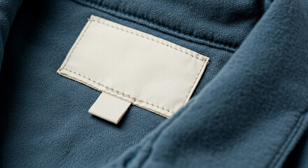 Blank white clothing label mockup on the collar of a teal blue or petrol blue t-shirt. Perfect for vibrant apparel branding or modern clothing line tags.