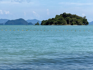 Thailand sandy beach shoreline with sailboats in a tropical bay area, stunning boats floating in a turquoise ocean near a picturesque seashore with palm trees and golden sand, wanderlust.