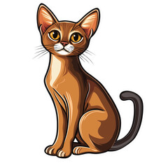 Fototapeta premium Cute Abyssinian cat full body sticker style illustration with bold outlines, slight drop shadow, and glossy effect on a white background, highlighting the breed’s sleek fur 