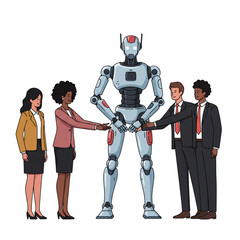 Human and Robot Collaboration – Business Team Handshake with Robotic Arm, Vector Illustration