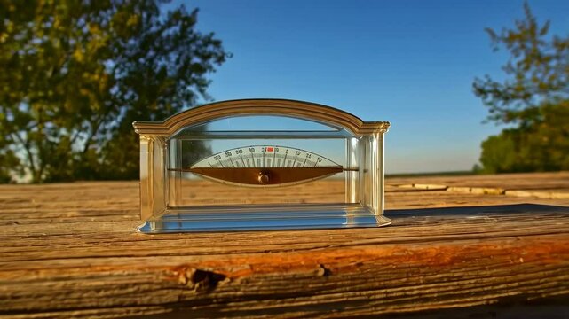 Inclination measurement tool reflecting blue sky and trees on aged wooden boards, scientific instrument on wood plank surface
