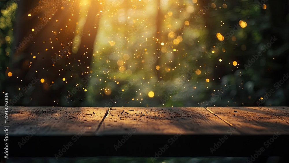 Poster rustic wooden table in a sun-dappled forest, with golden bokeh and dust motes floating in the air, c