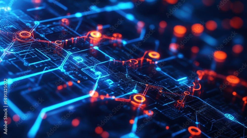 Poster intricate network of glowing circuit paths.