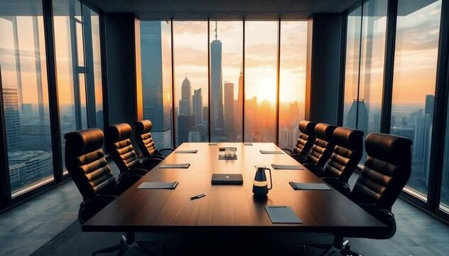 realistic empty corporate office boardroom modern conference room with view of urban city at sunset 4k footage. smooth pull out camera shot