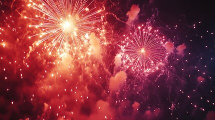 Fototapeta premium Red And Pink Fireworks Exploding In Night Sky