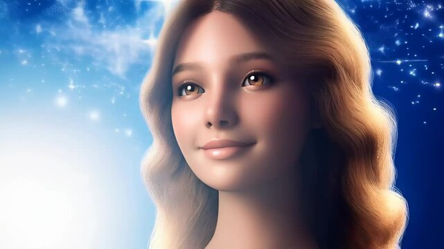 Young woman with golden waves and hazel eyes smiles softly against navy blue backdrop with glowing halo and starlight, symbolizing Virgo traits. Concept of mystical zodiac femininity and serenity