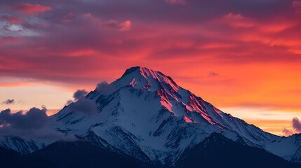 Majestic snowcapped mountain peak illuminated by a vibrant sunset sky and clouds