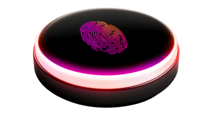 Glowing fingerprint icon on black surface, biometric scanner, cut out transparent